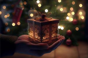 mão segurando um presente há uma árvore de natal decorada ao fundo com luzes foto