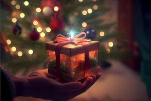 mão segurando um presente há uma árvore de natal decorada ao fundo com luzes foto