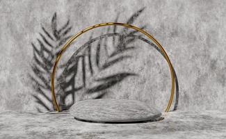 Pódio de palco de cubo de pedra 3D vazio com sombra de folha de palmeira, abstrato geométrico vitrine cosmética fundo cinza pedestal. cena moderna mínima, ilustração de renderização 3d foto