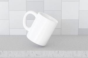 renderização 3D com caneca branca na mesa da cozinha. apresentação do logotipo da marca de café com um copo com alça. parede de azulejo sem cor foto
