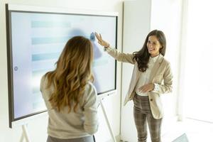 duas jovens discutindo resultados financeiros na tela grande da parede do escritório foto