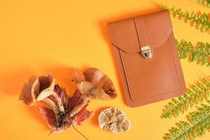 bolsa para telefone e carteira e samambaia em fundo laranja, couro vegano eeo do conceito de plantas foto