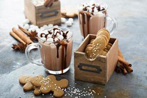 chocolate quente com marshmallows e biscoitos foto