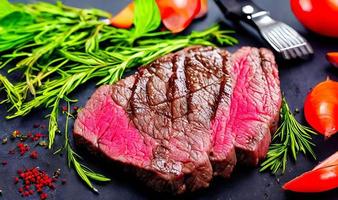 bife. bife suculento delicioso fresco gourmet. foco selecionado, em formato de pôster. foto