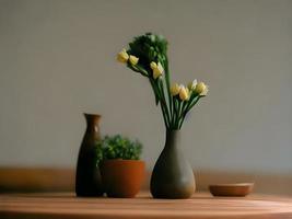 par de vasos em cima de uma mesa de madeira. IA generativa. foto