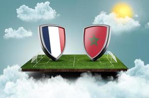 frança vs marrocos versus conceito de futebol de banner de tela. estádio de campo de futebol, ilustração 3d foto