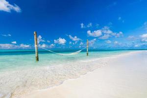 praia de luxo. fundo de viagens de luxo. férias de verão ou conceito de férias na praia tropical, areia branca e um incrível balanço ou rede sobre o mar azul com vista horizontal. luxuosa estância de férias foto