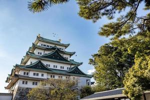 castelo de nagoya com um céu claro durante o tempero das folhas de outono. o castelo de nagoya é um marco importante em chubu central do japão e tem o samurai como símbolo do castelo. foto