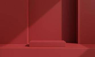 pedestal de exibição de plataforma com pódio de estande moderno em fundo de sala vermelha. cenário de palco de exposição em branco ou apresentação de produto vazia. fundo de natal. renderização 3D. foto