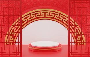 ilustração de renderização 3D ano novo chinês mock up pódios de cilindro, festivais chineses, modelo de pedestal vazio para exibição de produtos decorados, fundo geométrico, conceito de carrinho de cosméticos, abstrato foto