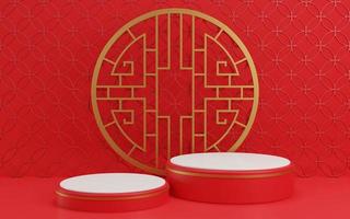 ilustração de renderização 3D ano novo chinês mock up pódios de cilindro, festivais chineses, modelo de pedestal vazio para exibição de produtos decorados, fundo geométrico, conceito de carrinho de cosméticos, abstrato foto