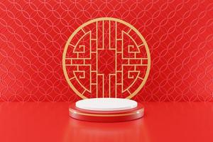 ilustração de renderização 3D ano novo chinês mock up pódios de cilindro, festivais chineses, modelo de pedestal vazio para exibição de produtos decorados, fundo geométrico, conceito de carrinho de cosméticos, abstrato foto