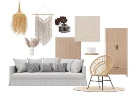 moodboard de design de interiores com móveis de sala de estar modernos isolados, acessórios para casa, materiais. loja de móveis, detalhes internos. projeto de interiores. estilo boho, quadro de humor, colagem. renderização 3D. foto