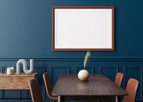moldura horizontal vazia na parede azul na moderna sala de estar. mock up interior em estilo minimalista e contemporâneo. espaço livre para sua foto, cartaz. mesa, cadeiras. renderização 3D. vista de perto. foto