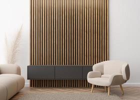 parede de madeira decorativa vazia na moderna sala de estar. mock up interior em estilo minimalista e contemporâneo. espaço livre, copie o espaço para sua foto ou pôster. poltrona, sofá, capim dos pampas. renderização 3D.
