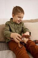 menino caucasiano bonito e brincando com dinossauros em casa. interior e roupas em cores naturais da terra. ambiente aconchegante. criança se divertindo com brinquedos. foto