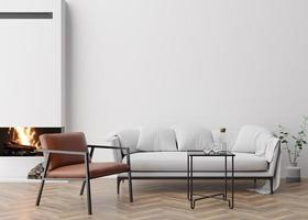 parede branca vazia na moderna sala de estar. mock up interior em estilo contemporâneo. espaço livre para foto, pôster. sofá, poltrona, lareira, mesa. renderização 3D. foto