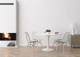 parede branca vazia na moderna sala de estar. mock up interior em estilo contemporâneo. espaço livre para foto, pôster. lareira, mesa, cadeiras. renderização 3D.
