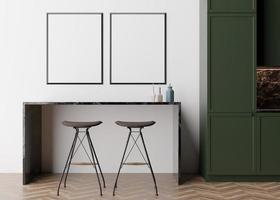 duas molduras verticais vazias na parede branca na cozinha moderna. mock up interior em estilo minimalista e contemporâneo. espaço livre, copie o espaço para sua foto, cartaz. mesa, cadeiras. renderização 3D. foto