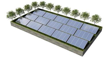 ilustração de renderização 3D, células solares, grade isométrica, painel azul, alternativa, conceito de energia de natureza verde limpa. fundo branco de proteção ambiental inclui traçado de recorte foto