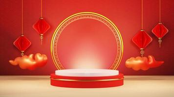 ilustração 3D do ano novo chinês com pódio e lanterna chinesa foto