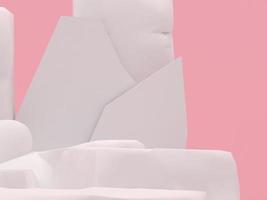 produtos de pódio de pedra branca exibem renderização 3d de maquete mínima. cena vista frontal quarto rosa e fundo rosa pódio forma natureza. stand mostrar produto cosmético. vitrine de palco no pódio pedestal. foto
