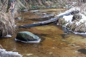 um pequeno rio de floresta rochosa no inverno foto