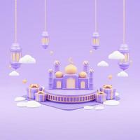 fundo de saudação do ramadã islâmico com linda mesquita 3d e crescente islâmico foto