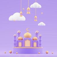 fundo de saudação do ramadã islâmico com linda mesquita 3d e crescente islâmico foto