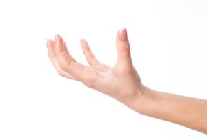 mão feminina com dedos levantados e palmas implantadas isoladas no fundo branco foto