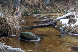 um pequeno rio de floresta rochosa no inverno foto