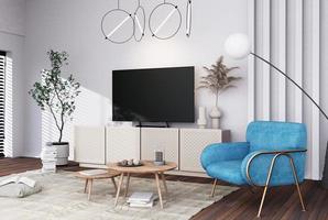 mock up smart tv em fundo moderno de quartos totalmente mobiliados, sala de estar, estilo nórdico escandinavo, para mensagem de texto ou conteúdo. renderização 3D, ilustração 3D foto