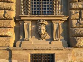 feche o estuque de leão no palazzo pitti, o antigo palácio da família medici em florença, itália. foto