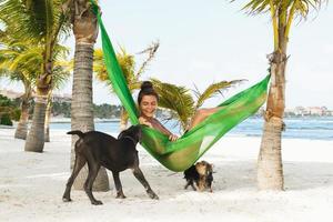 mulher feliz na rede e cachorros na praia foto