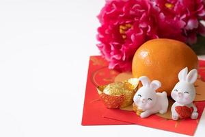 ano novo chinês do conceito de festival de coelho. laranja, envelopes vermelhos, dois coelhos e lingote de ouro decorado com flor de ameixa em fundo branco. foto