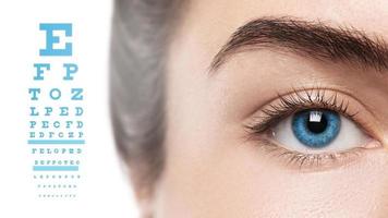 close-up do olho feminino com íris azul e gráfico para teste de acuidade visual foto