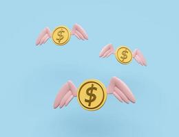 Asas de moeda de dólar voador 3D isoladas em fundo azul. economizando o conceito de negócio de riqueza de dinheiro, ilustração de renderização 3d foto