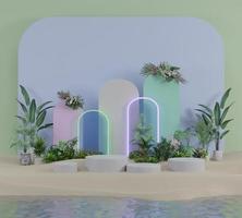 plataforma de produto de exibição com plantas na ilustração de renderização 3d de areia e mar foto