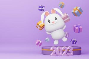 feliz ano novo 2023, ano do coelho, renderização em 3d foto