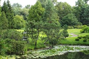 bela paisagem no jardim decorativo botânico tradicional japonês. cena de natureza calma de verão verde lago lagoa água e lanterna de pagode. zen, meditação, conceito de harmonia foto