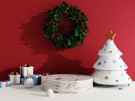 fundo de venda de natal com árvore de natal e pódio de palco em fundo vermelho e branco para exibição de produto renderização em 3d foto