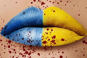 vítimas da guerra na ucrânia. lábios femininos com batom amarelo azul e respingos de sangue. foto