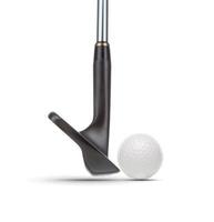 ferro de cunha de taco de golfe preto e bola de golfe em fundo branco foto