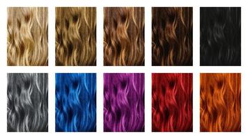 cores de tingimento de cabelo. conjunto de diferentes amostras de cores de cabelo. foto