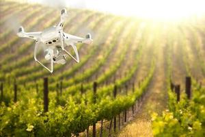 sistema de aeronave não tripulada uav quadcopter drone no ar sobre a fazenda de vinhedos