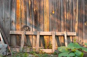 escada de madeira curta e grossa é encostada na cerca de galpão de madeira ao lado dela, há uma pá suja e uma sucata de ferro, arame torcido em cravo e arbusto de abóbora em flor foto