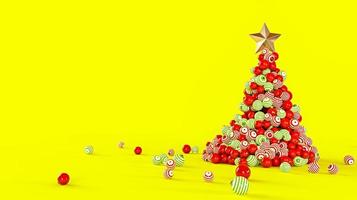 árvore de natal feita de bolas coloridas em um fundo amarelo. conceito de ano novo. ilustração de renderização 3D. foto