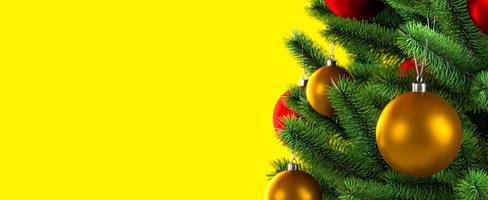 feche as bolas na árvore de natal. fundo amarelo. conceito de ano novo. ilustração de renderização 3D. foto