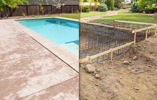 antes e depois do canteiro de obras de construção de piscina foto