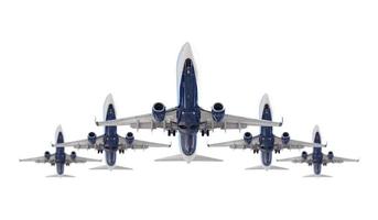 cinco aviões de passageiros em formação isolada em um fundo branco foto
